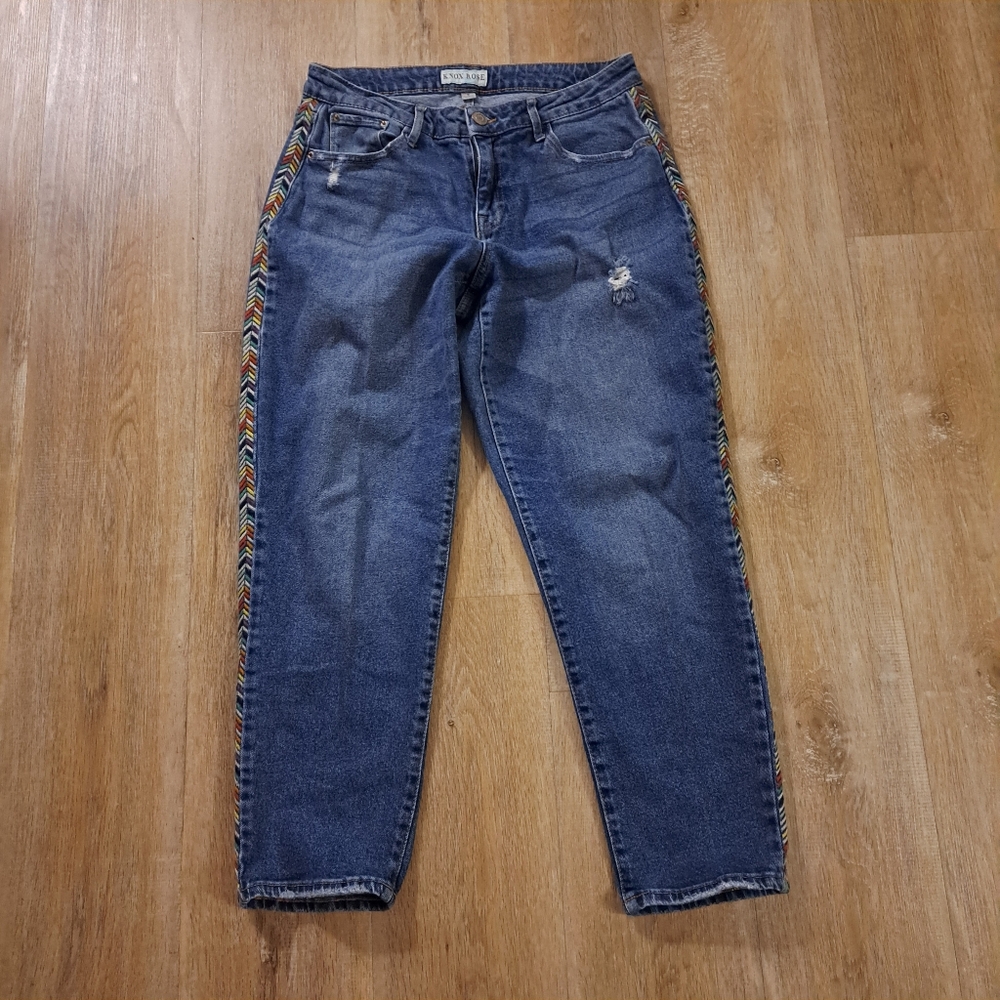 Knox Rose Blue Denim Distressed Jeans Colorful Side Embroidery Women's Size 8